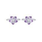 Bloom 92.5 Silver floral toe rings featuring five-petal flowers with purple and white enamel and central cubic zirconia cluster accents.