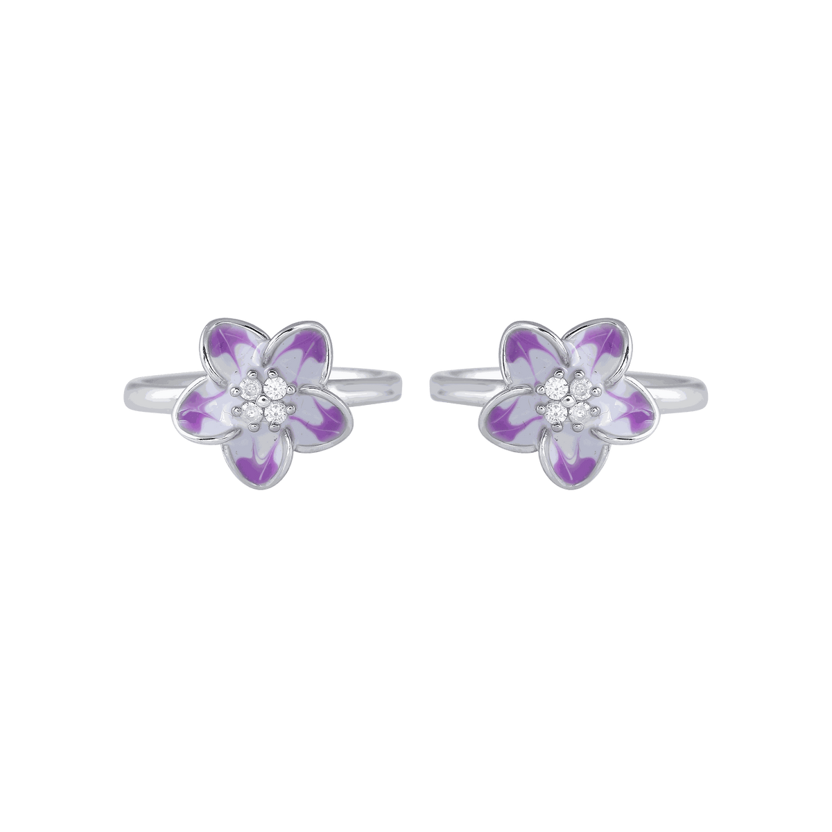 Bloom 92.5 Silver floral toe rings featuring five-petal flowers with purple and white enamel and central cubic zirconia cluster accents.