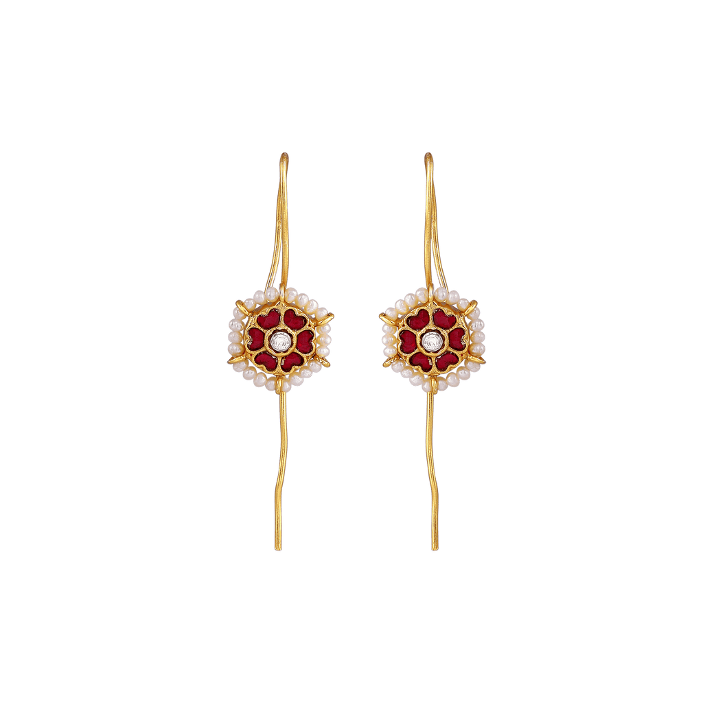 Silver Gold Plated Earrings with floral red stone center, ivory seed pearls halo, and elongated gold-plated drop hooks