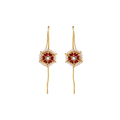 Silver Gold Plated Earrings with floral red stone center, ivory seed pearls halo, and elongated gold-plated drop hooks