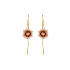 Silver Gold Plated Earrings with floral red stone center, ivory seed pearls halo, and elongated gold-plated drop hooks