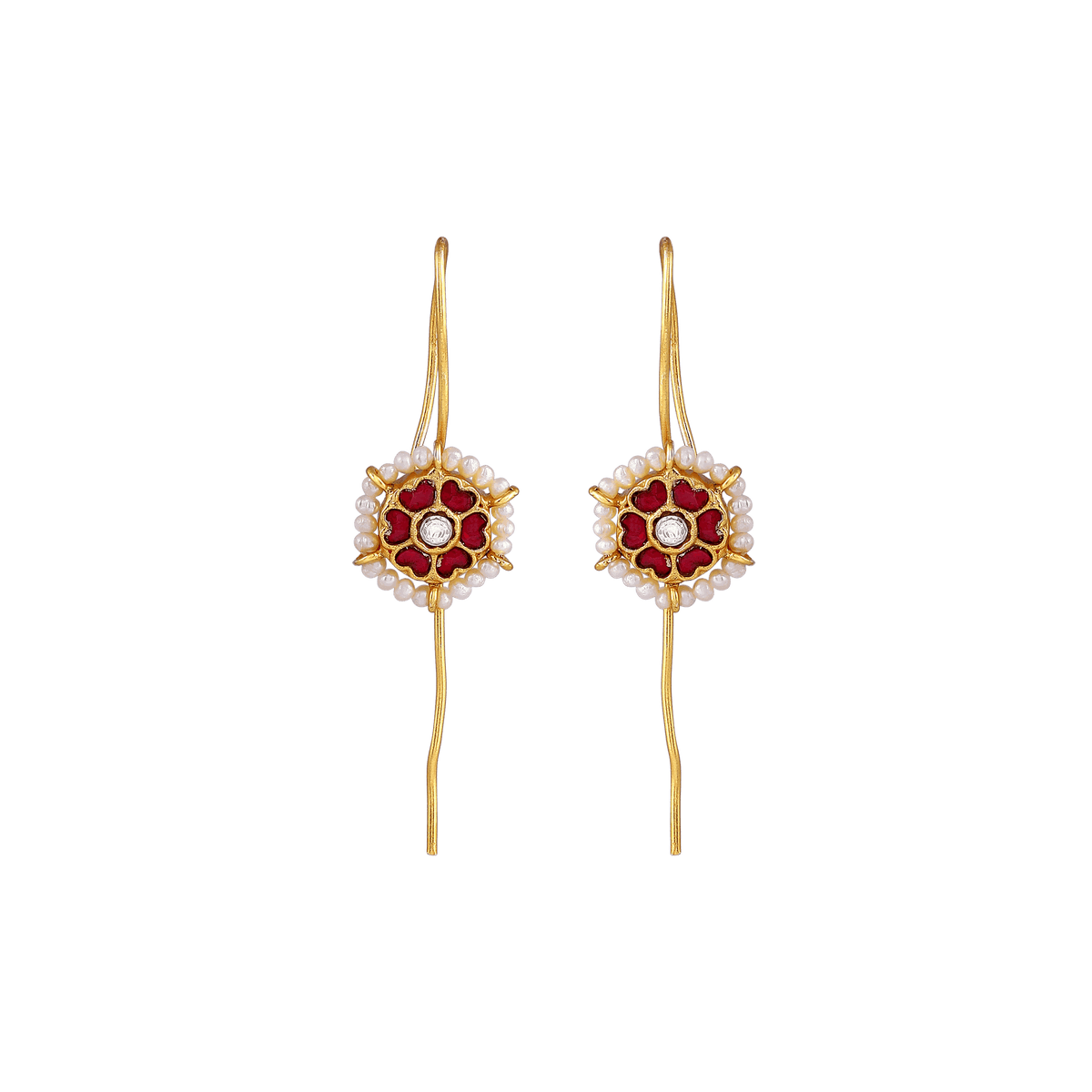 Silver Gold Plated Earrings with floral red stone center, ivory seed pearls halo, and elongated gold-plated drop hooks