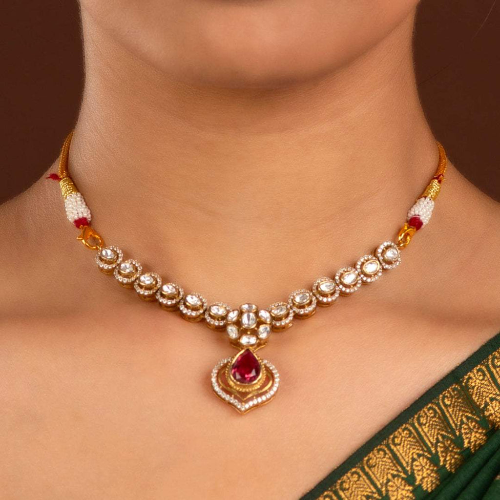 Pink Ruby Stone Pear Necklace in 92.5 Silver by Tavya Jewellery - side view