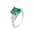 Green Stone Silver Ring featuring a deep green square-cut gemstone with asymmetrical clear CZ floral accents on a polished silver band.