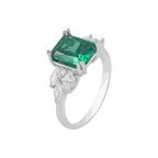 Green Stone Silver Ring featuring a deep green square-cut gemstone with asymmetrical clear CZ floral accents on a polished silver band.