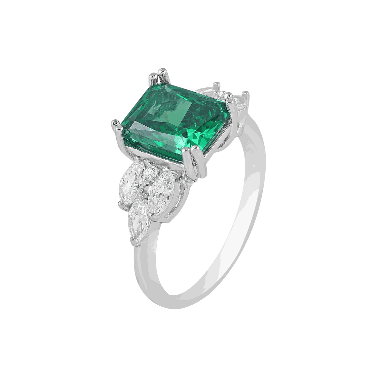 Green Stone Silver Ring featuring a deep green square-cut gemstone with asymmetrical clear CZ floral accents on a polished silver band.