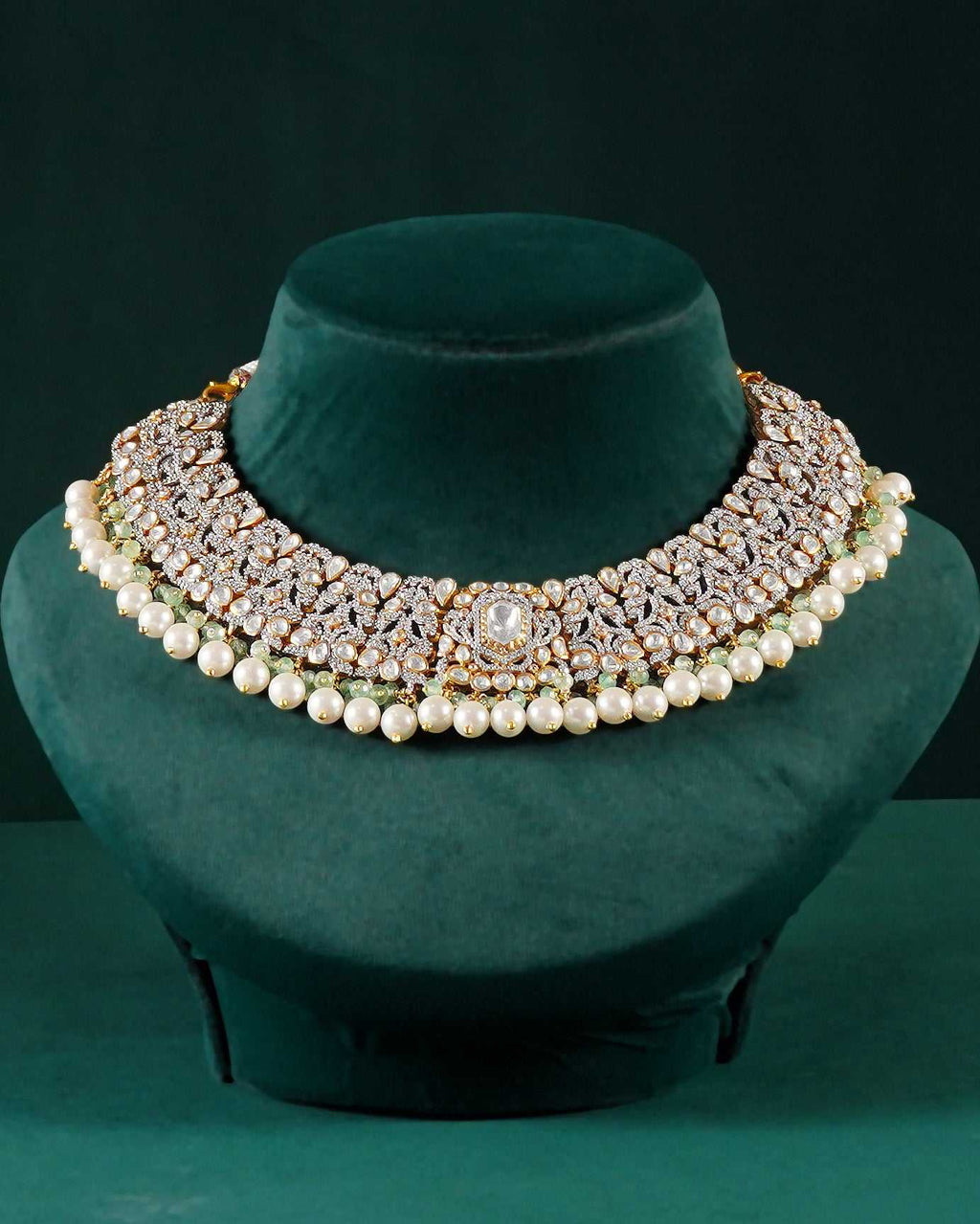 Silver Polki Pattern Short Necklace with Pearl DropsSilver Polki Pattern Short Necklace