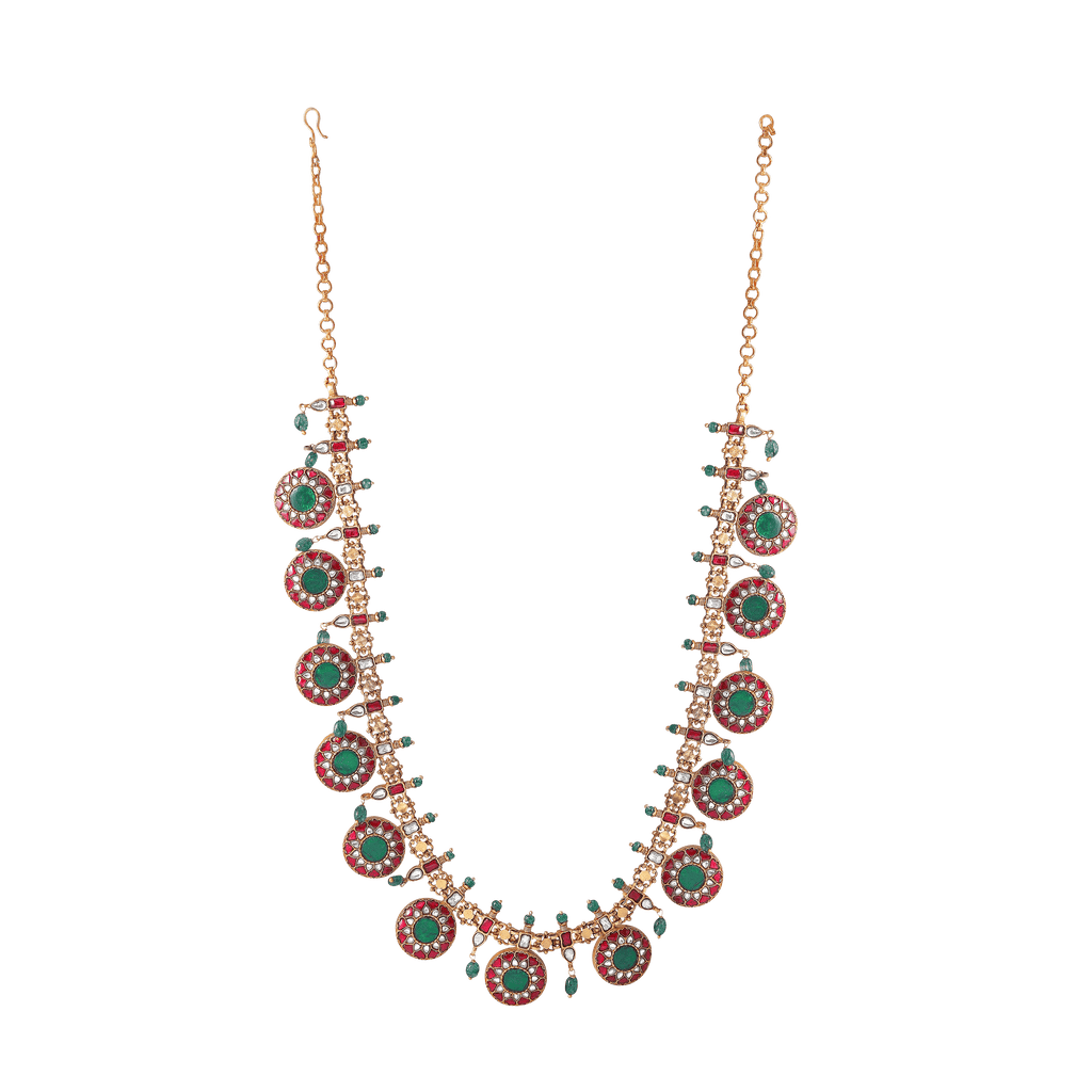 Silver Kundan Pattern Bottu Necklace with Green BeadsSilver Kundan Pattern Bottu Necklace