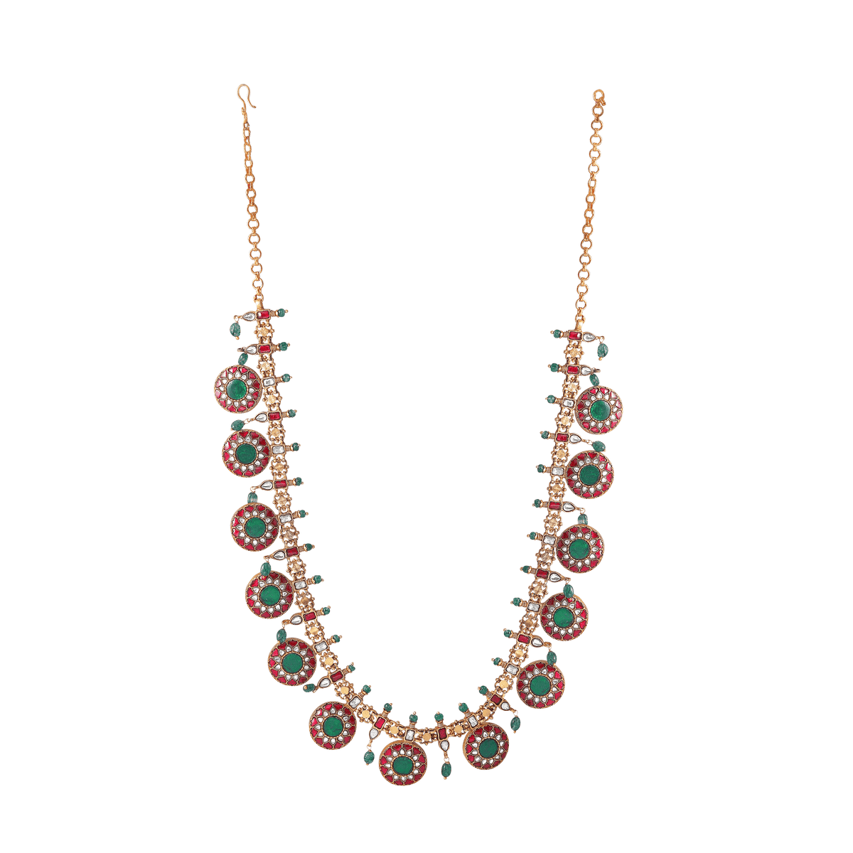 Silver Kundan Pattern Bottu Necklace with Green BeadsSilver Kundan Pattern Bottu Necklace