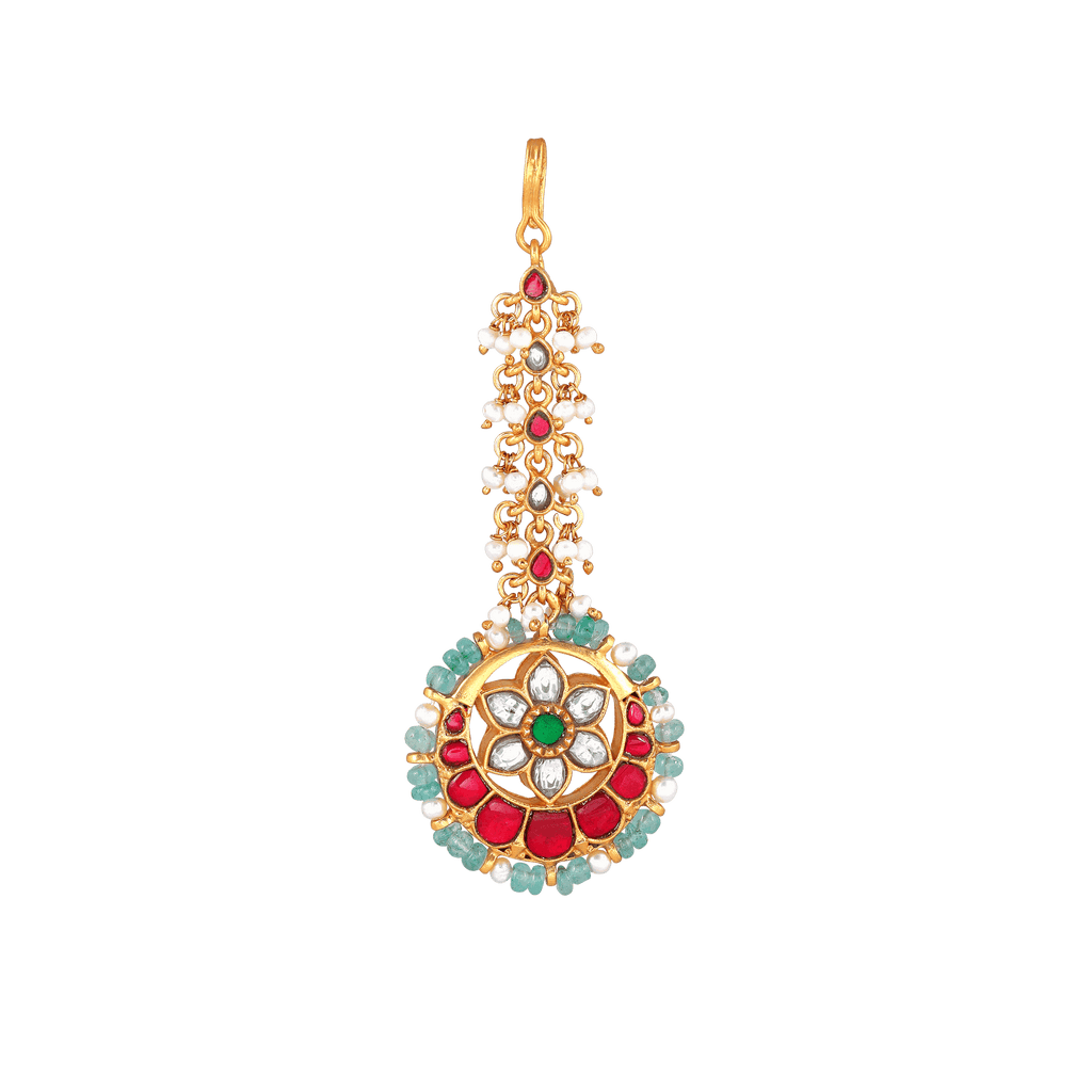 Floral Multi-Stone Maang Tikka with gold-toned metal, red and green stones, white pearls, and a circular floral design.
