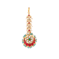 Floral Multi-Stone Maang Tikka with gold-toned metal, red and green stones, white pearls, and a circular floral design.