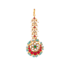 Floral Multi-Stone Maang Tikka with gold-toned metal, red and green stones, white pearls, and a circular floral design.