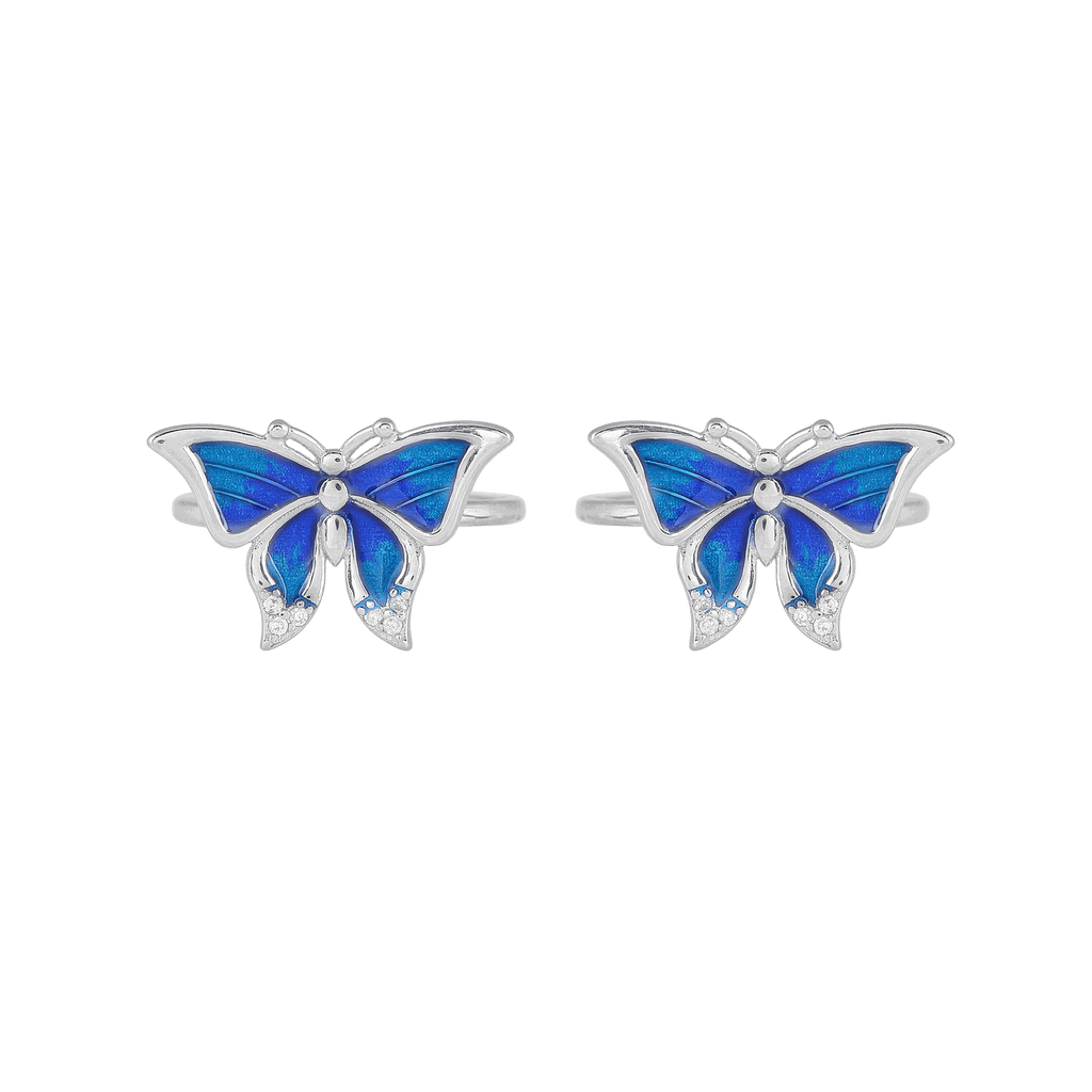 Silver Blue Wing Butterfly Toe Rings featuring blue enamel wings and hallmarked 92.5 silver in a delicate butterfly design