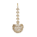 Regal Polki Pattern Silver Maang Tikka featuring a gold-toned crescent pendant with pear and round CZ stones and seed pearl edges.