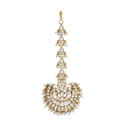Regal Polki Pattern Silver Maang Tikka featuring a gold-toned crescent pendant with pear and round CZ stones and seed pearl edges.
