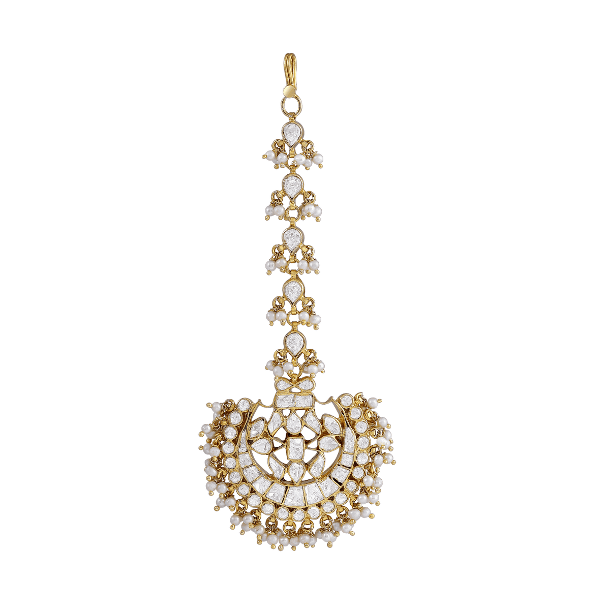 Regal Polki Pattern Silver Maang Tikka featuring a gold-toned crescent pendant with pear and round CZ stones and seed pearl edges.