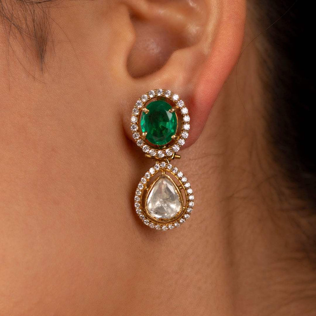 Green Stone Polki Pattern Silver Gilt Drop EarringsGreen Stone Polki