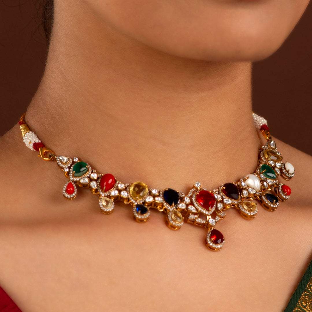 Silver Short Necklace with CZ & Pearl Accents by Tavya Jewellery - styled close-up