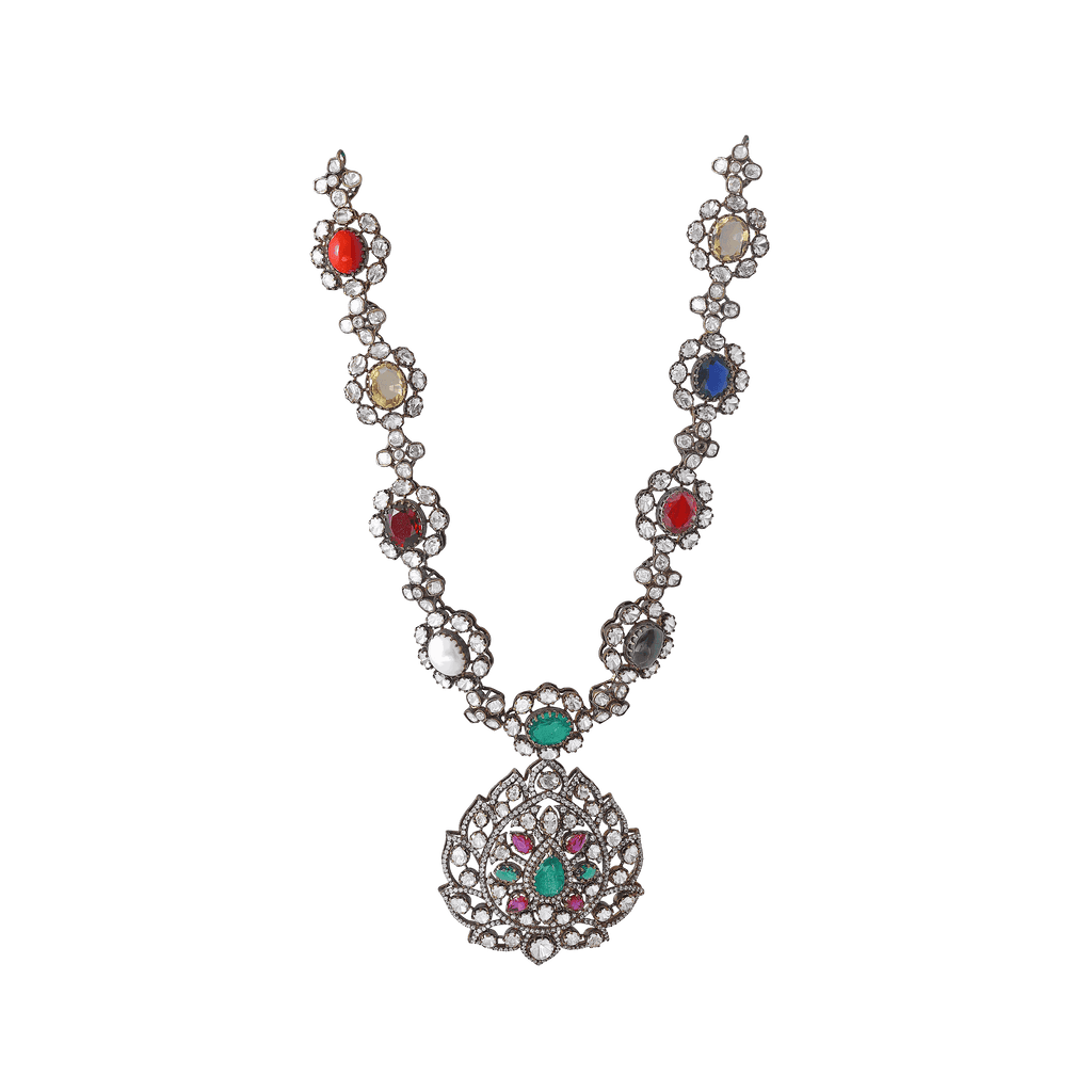 Silver Navaratna Polki Pattern Necklace with CZ Floral MedallionSilver Navaratna Necklace