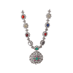 Silver Navaratna Polki Pattern Necklace with CZ Floral MedallionSilver Navaratna Necklace