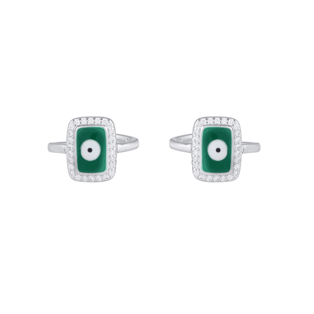 Silver Green Evil Eye Toe Rings featuring rectangular green enamel with a circular white and black eye, surrounded by a clear CZ halo on silver bands.