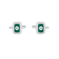 Silver Green Evil Eye Toe Rings featuring rectangular green enamel with a circular white and black eye, surrounded by a clear CZ halo on silver bands.