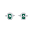 Silver Green Evil Eye Toe Rings featuring rectangular green enamel with a circular white and black eye, surrounded by a clear CZ halo on silver bands.