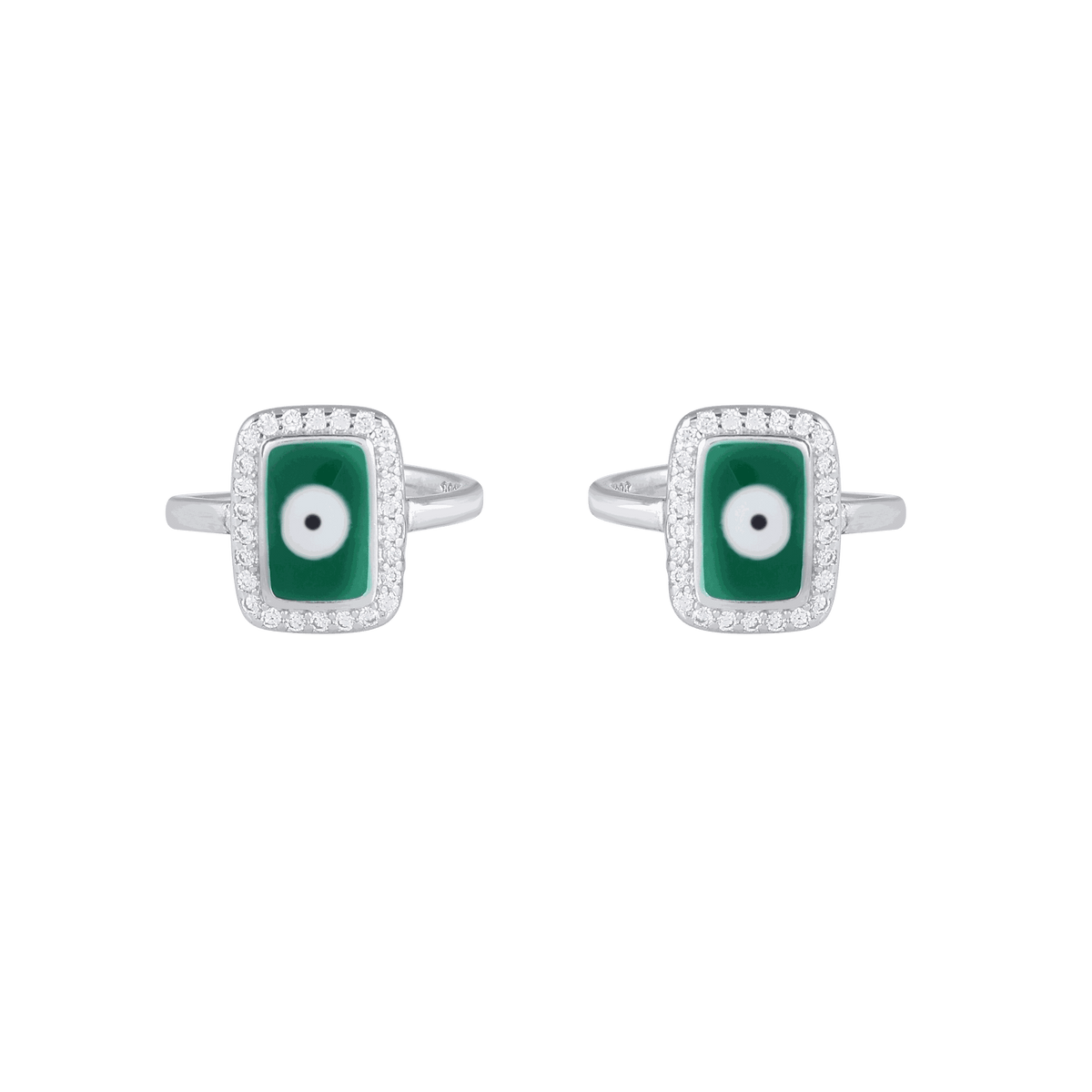 Silver Green Evil Eye Toe Rings featuring rectangular green enamel with a circular white and black eye, surrounded by a clear CZ halo on silver bands.
