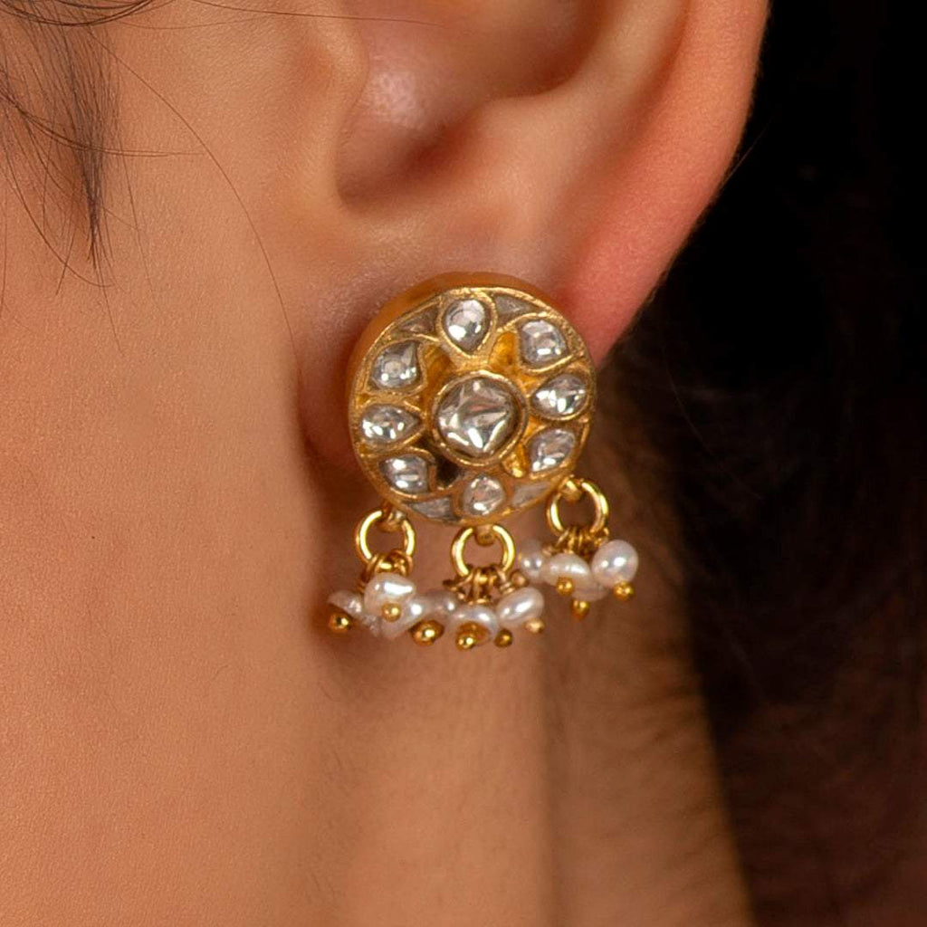 Silver Polki Style CZ Studs with Pearl DropsSilver Polki Style CZ Studs