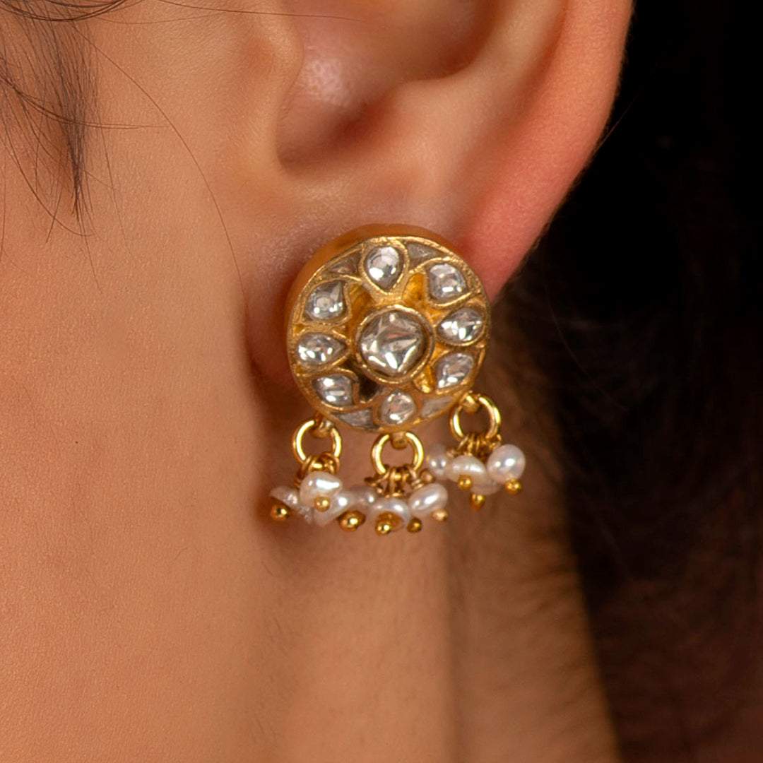 Silver Polki Style CZ Studs with Pearl DropsSilver Polki Style CZ Studs