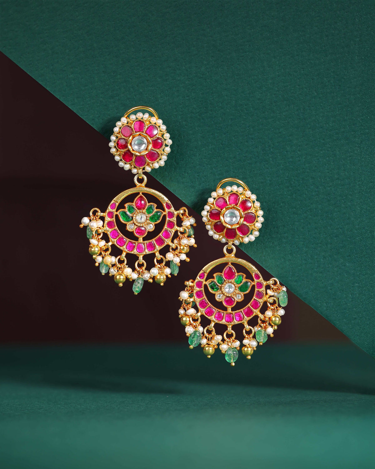 92.5 Silver Gold-Plated Kundan Pattern Chandbali Earrings92.5 Silver
