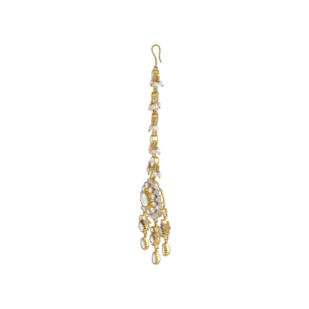 Silver Maang Tikka with Pear-Cut CZ and Seed Pearl Clusters by Tavya Jewellery - side view