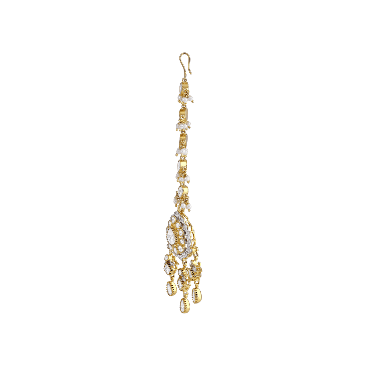 Silver Maang Tikka with Pear-Cut CZ and Seed Pearl Clusters by Tavya Jewellery - side view