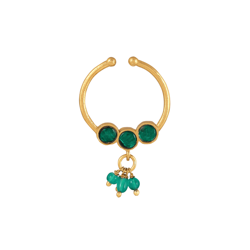 Silver Gold-Plated Nose Ring featuring a minimalist gold hoop design with three green stones and dangling green bead charms.