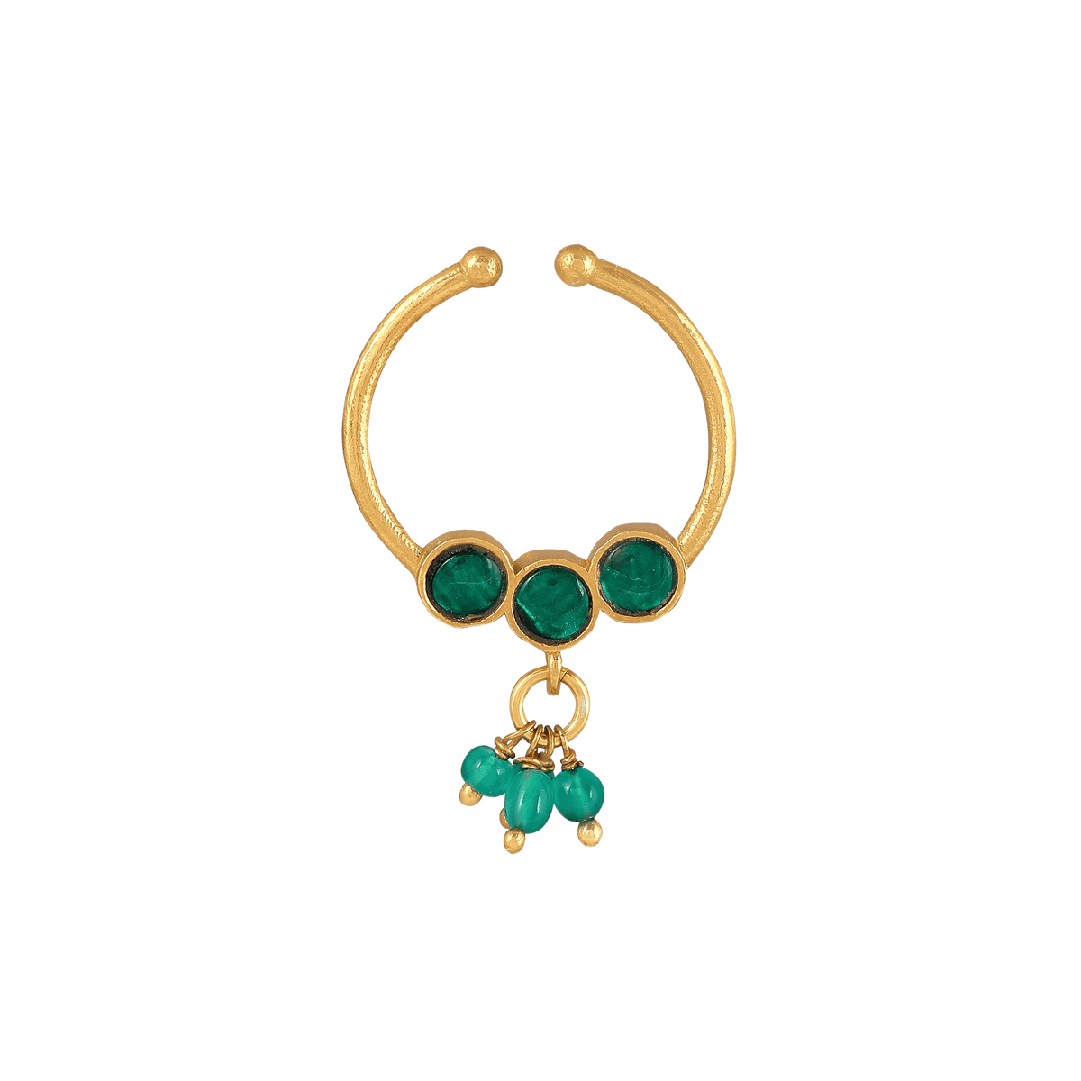 Silver Gold-Plated Nose Ring featuring a minimalist gold hoop design with three green stones and dangling green bead charms.