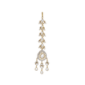 Silver Maang Tikka featuring gold-tone metal with pear-cut white stones and intricate seed pearl cluster embellishments in a linear drop design.