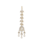 Silver Maang Tikka featuring gold-tone metal with pear-cut white stones and intricate seed pearl cluster embellishments in a linear drop design.