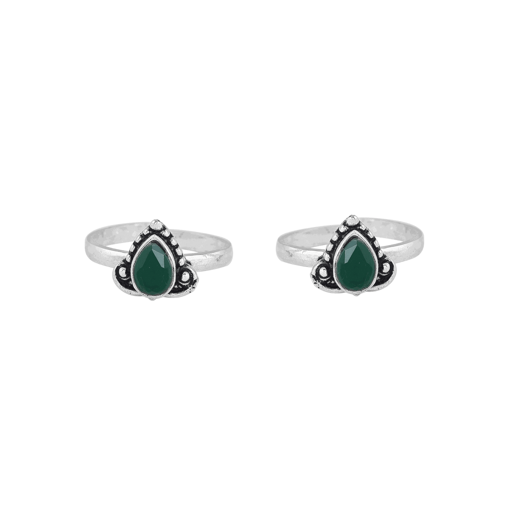 Oxidized Silver toe rings with green teardrop stones set in detailed antiqued sterling silver bands with adjustable open backs.