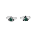 Oxidized Silver toe rings with green teardrop stones set in detailed antiqued sterling silver bands with adjustable open backs.