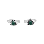 Oxidized Silver toe rings with green teardrop stones set in detailed antiqued sterling silver bands with adjustable open backs.