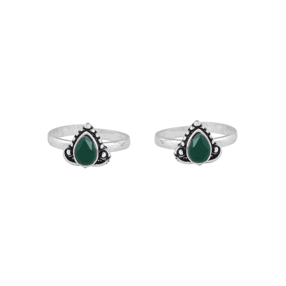 Oxidized Silver toe rings with green teardrop stones set in detailed antiqued sterling silver bands with adjustable open backs.