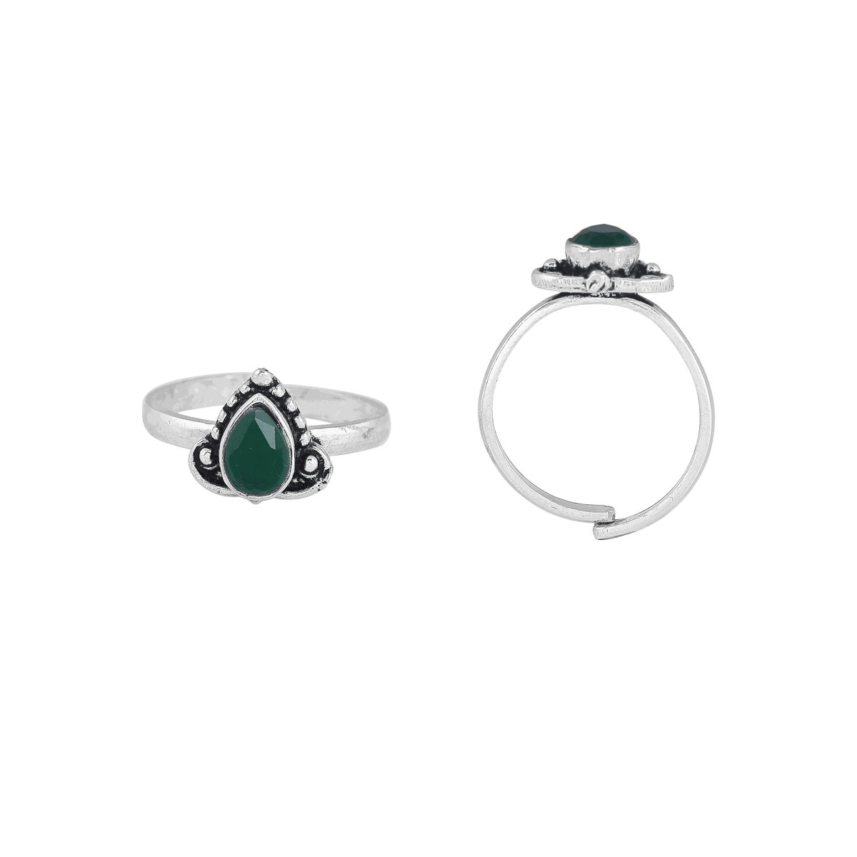 Oxidized Silver Green Stone Teardrop Toe RingsOxidized Silver