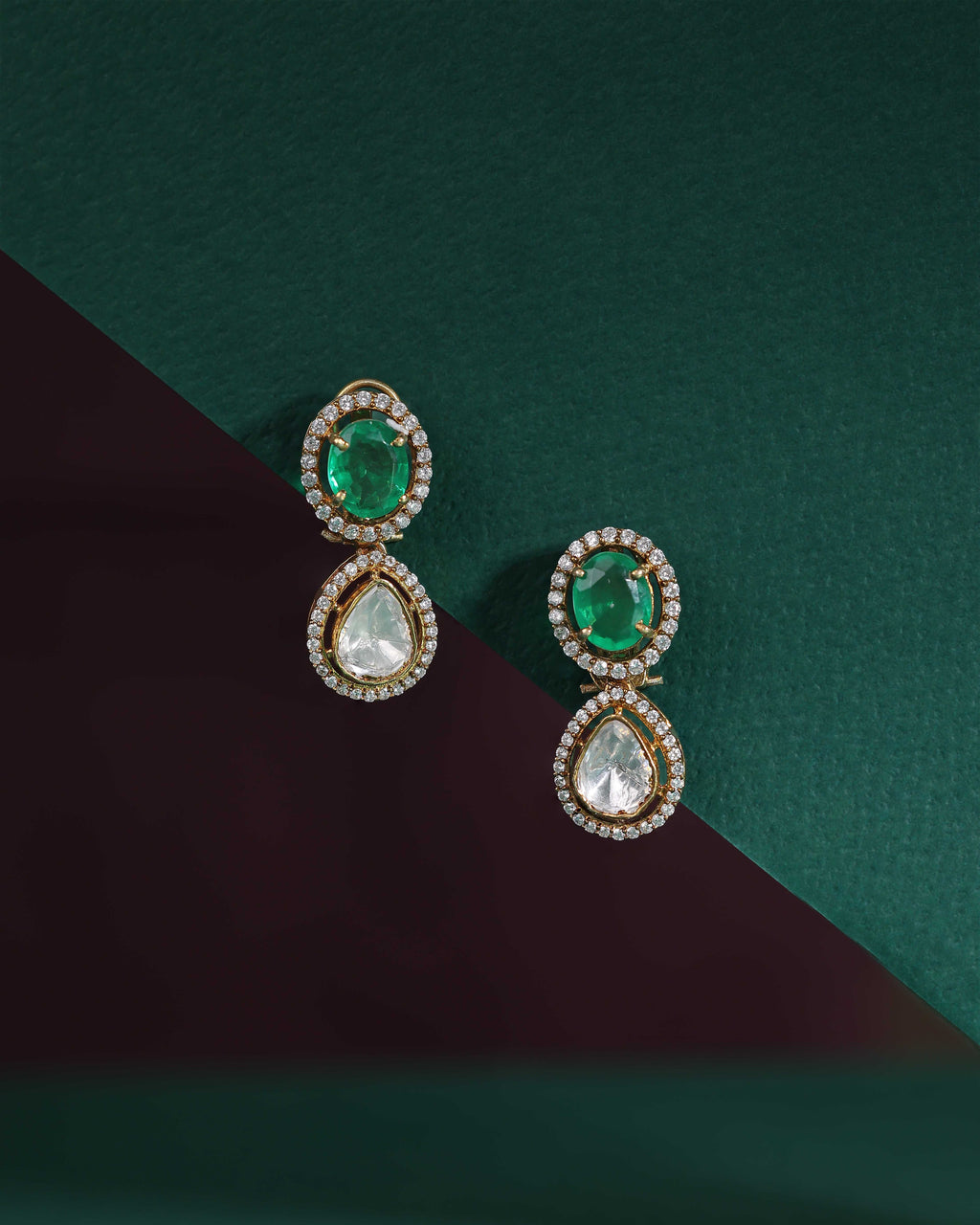 Green Stone Polki Pattern Silver Gilt Drop EarringsGreen Stone Polki