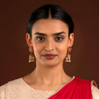 Silver Jhumkas With Floral Pattern by Tavya Jewellery - styled close-up