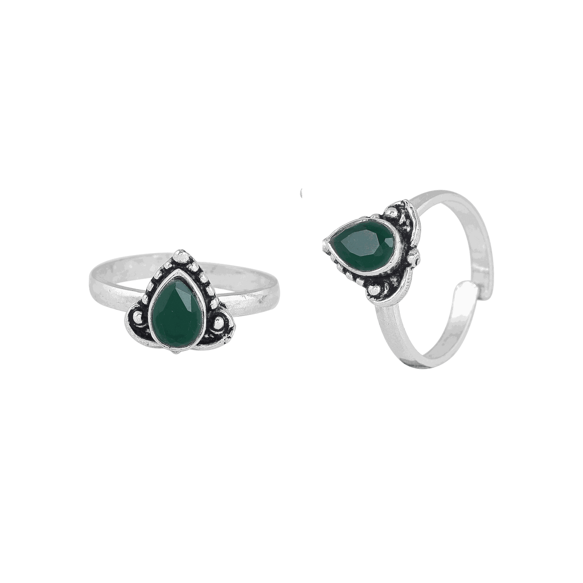 Oxidized Silver Green Stone Teardrop Toe RingsOxidized Silver