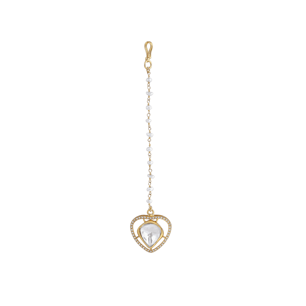 Silver Gold-Plated Heart Maang Tikka with Pearl ChainSilver Gold-Plated Heart Maang Tikka