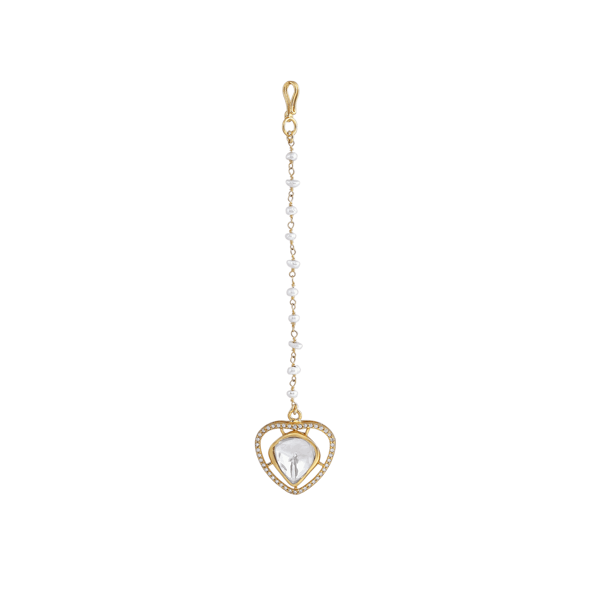 Silver Gold-Plated Heart Maang Tikka with Pearl ChainSilver Gold-Plated Heart Maang Tikka