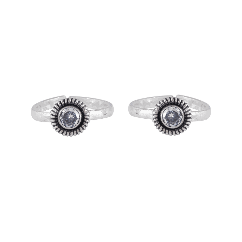Oxidized Silver CZ Sunburst Toe Rings featuring a clear cubic zirconia center with dark oxidized silver sunburst design