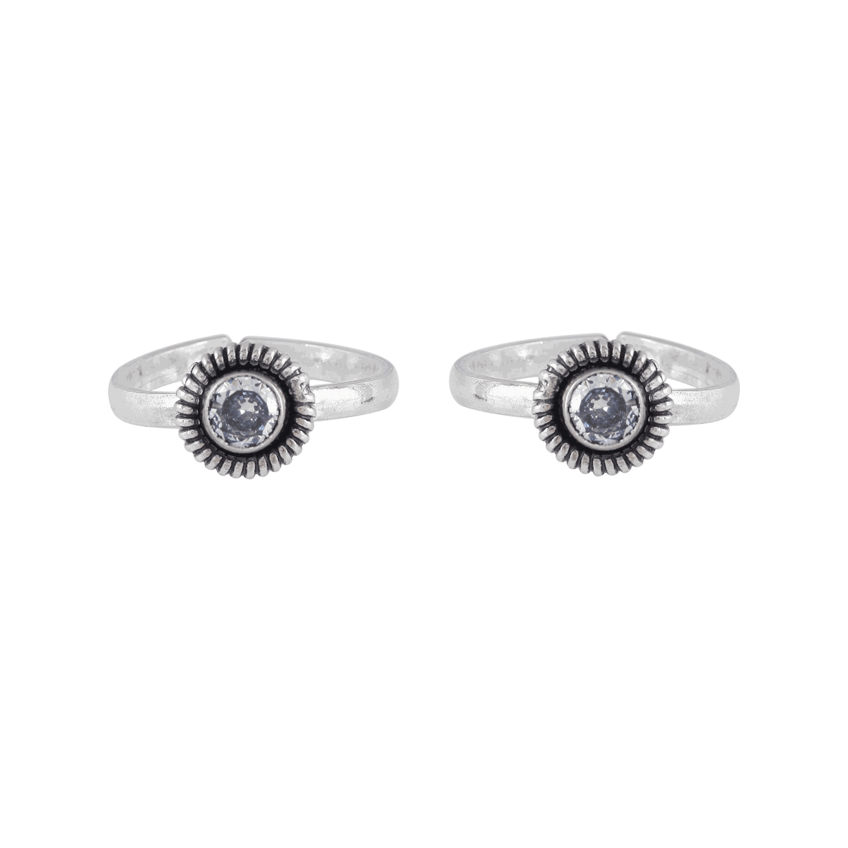 Oxidized Silver CZ Sunburst Toe Rings featuring a clear cubic zirconia center with dark oxidized silver sunburst design