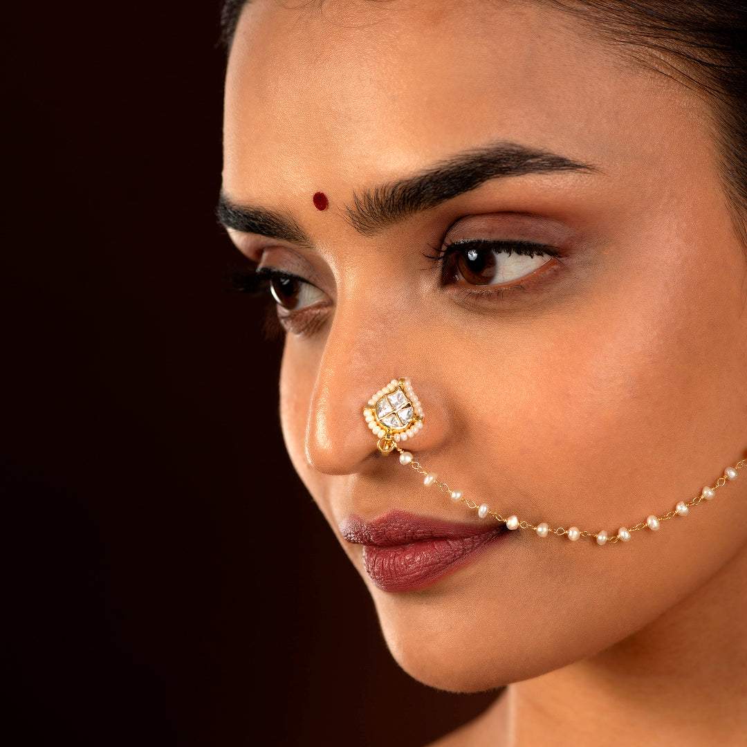 92.5 Silver CZ Nose Ring with Delicate Pearl Chain92.5 Silver CZ Nose Ring